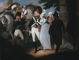 Ein Offizier der Leichten Dragoner verabschiedet sich von seiner Frau, um 1795